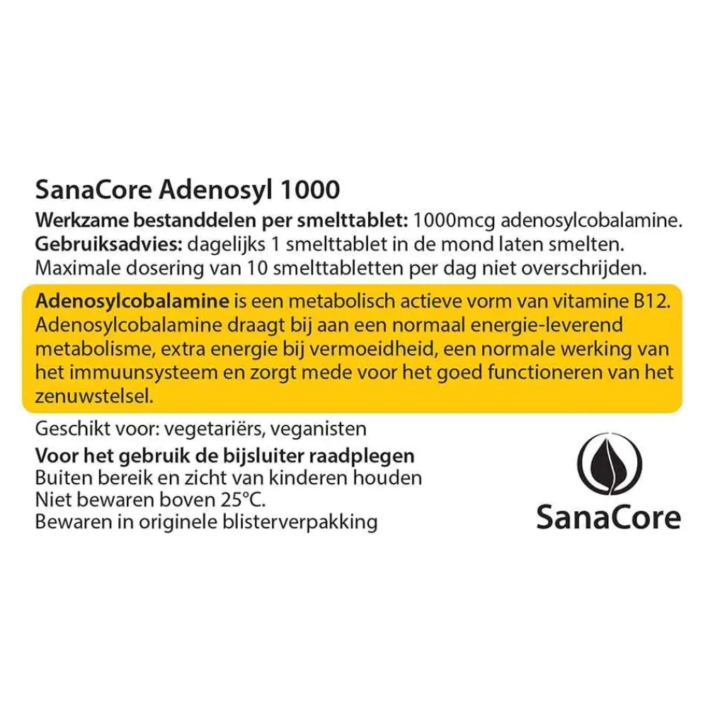 Sanacore Stress|Immuunsysteem>Adenosyl 1000 Vitamine B12 - 60 tabletten zonder foliumzuur