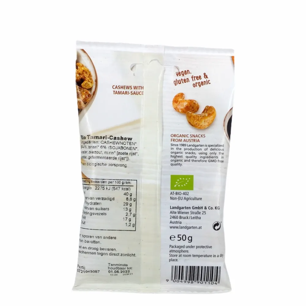 Landgarten Chips & Zoutjes|Biologische Noten>Bio Cashewnoten met Tamari 50g - BIO
