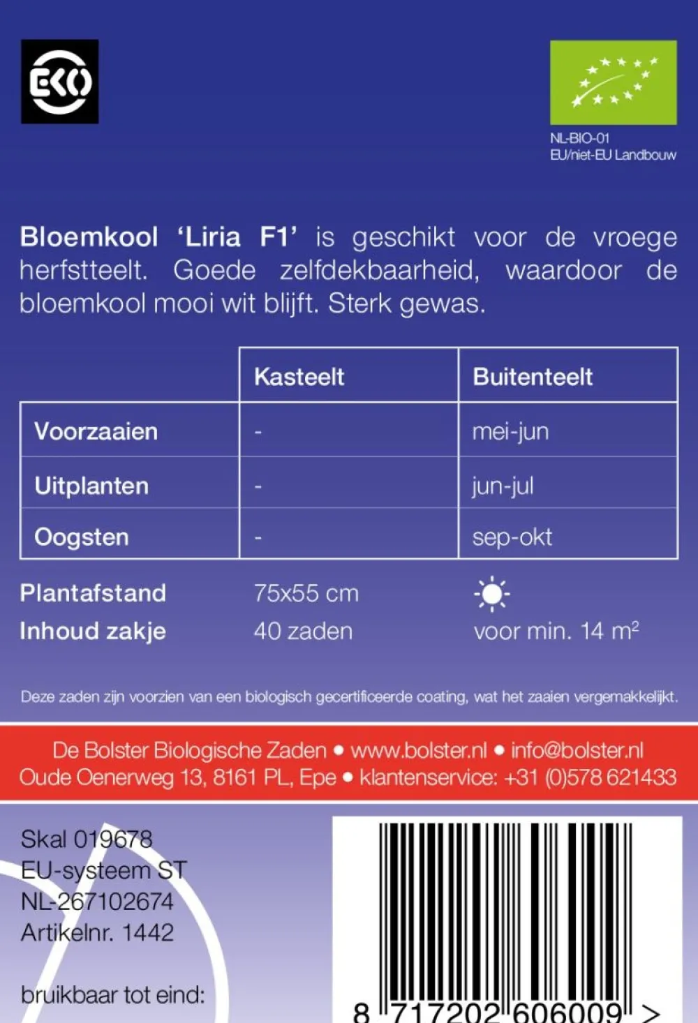 De Bolster Groenten|Koolgewassen>Bloemkool 'Liria F1' - 25 zaden - BIO