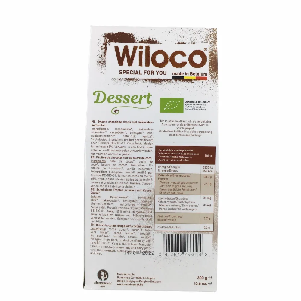 Wiloco Chocolade|Chocolade Druppels>Chocolade Druppels Puur Lactosevrij - 300g - BIO