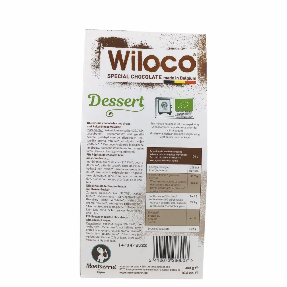 Wiloco Chocolade|Chocolade Druppels>Chocolade Druppels "Melk" Lactosevrij - 300g - BIO
