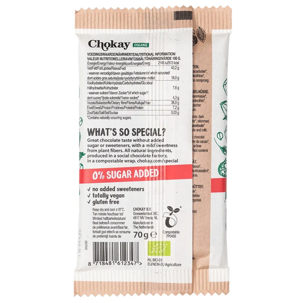 Chokay Chocolade>Chocoladereep - Hazelnoten - 70g - BIO