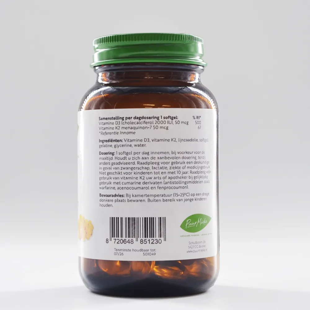 Puur Mieke Spieren|Immuunsysteem>Vitamine D3 en K2 - 2000 IU en 50mcg - 90 softgels